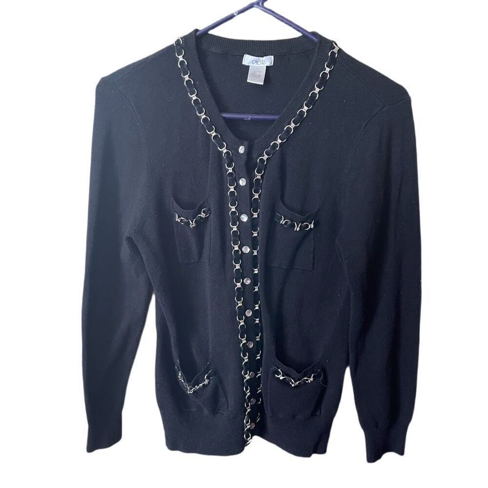 Cache’ size M black knit faceted button chain accent cardigan.